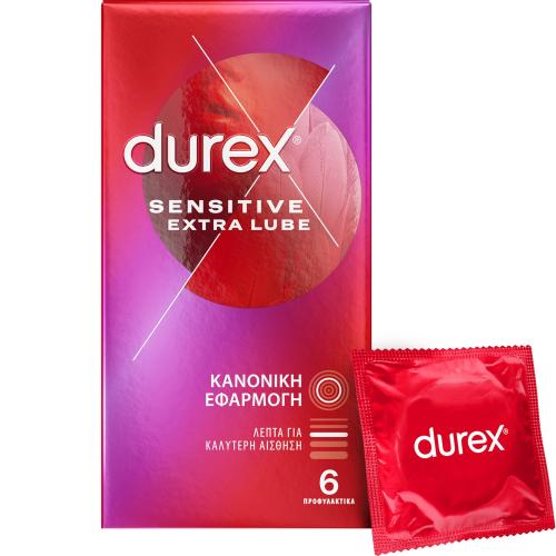 Durex Sensitive Extra Lube Condoms Λεπτά Προφυλακτικά με Επιπλέον Λιπαντικό για Καλύτερη Αίσθηση 6 Τεμάχια